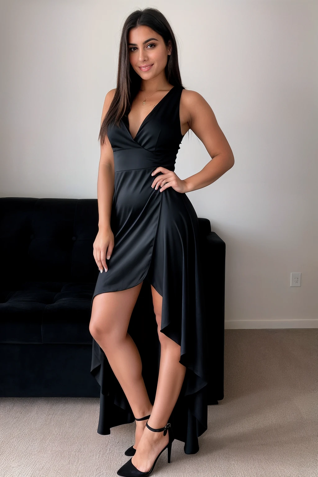 RAW photo, Beautiful full body portrait photo，woman, Beautiful Sexy, Wearing a black dress,