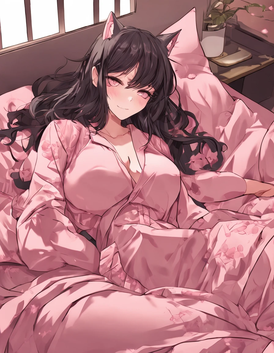 Suitable for wallpaper beauty two-dimensional catwoman cute dull hair iso loli in bed wearing pink pajamas color blush submissive big breasts black silk lewd bad smile touching the