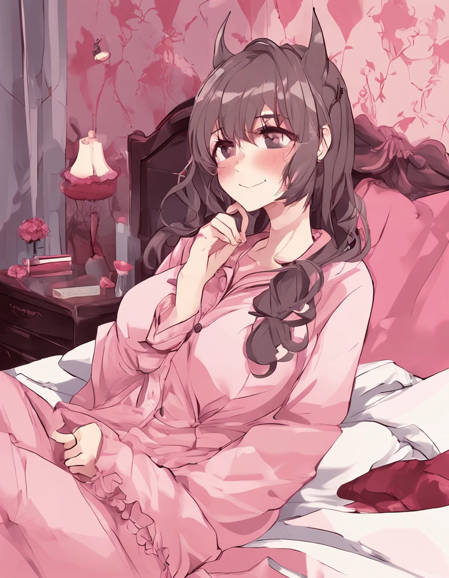 Suitable for wallpaper beauty two-dimensional catwoman cute dull hair iso loli in bed wearing pink pajamas color blush submissive big breasts black silk lewd bad smile touching the 