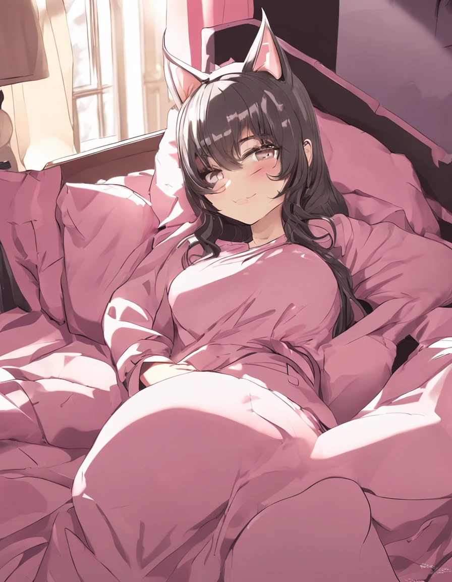 Suitable for wallpaper beauty two-dimensional catwoman cute dull hair iso loli in bed wearing pink pajamas color blush submissive big breasts black silk lewd bad smile touching the