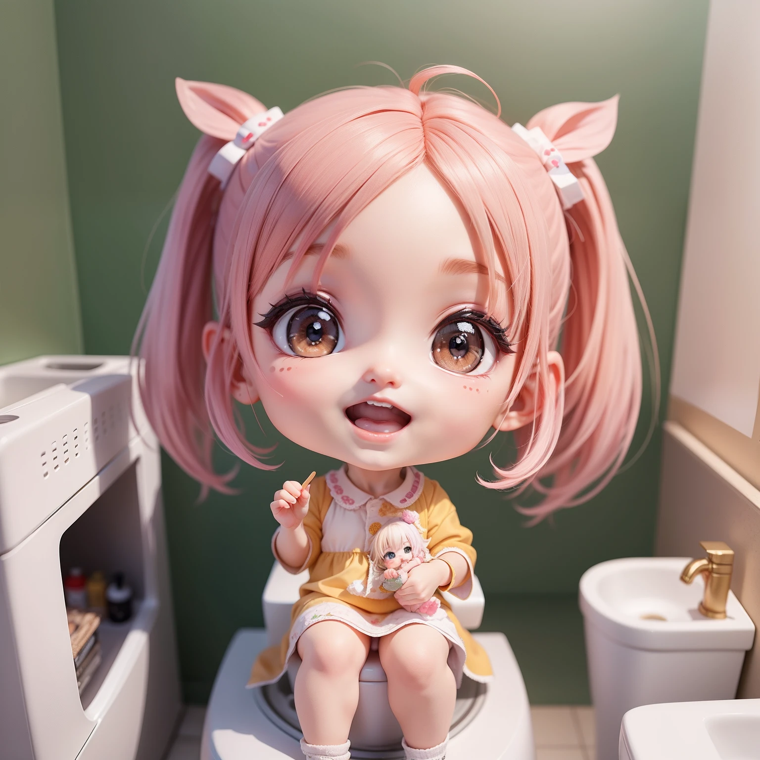 Cute Baby Chibi Anime,Super masterpiece, top-quality, Ultra-detailed, girl1、((((Chibi)))、Beige shorthair、Open your mouth and smile、Chibi Toilet Room、siting on a toilet🚽、Shelf decoration、Looking at the camera、Fulll body Shot、
