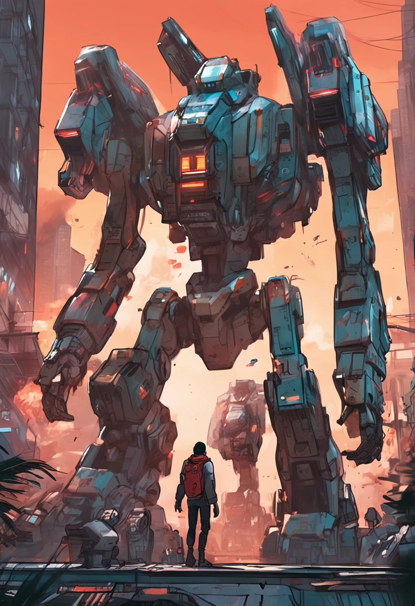 In an empty city,An AI beauty in a combat suit stands in front of a giant fighter mech