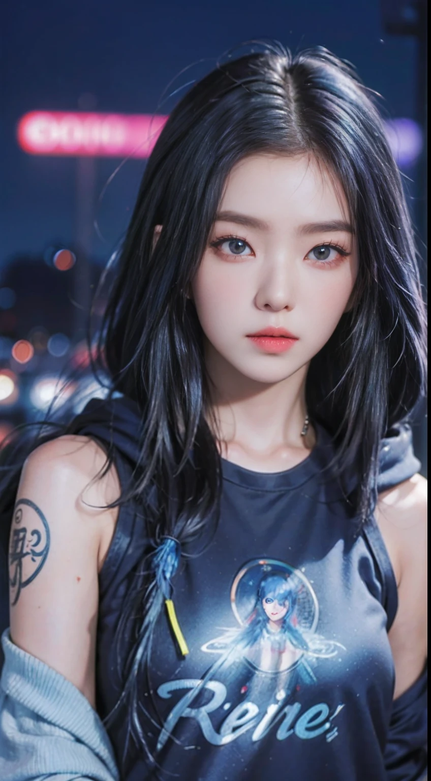 (Masterpiece), Best quality, 超高分辨率,Little girl, cyberpunk 1girl flying above stunning cityscape ,Hoodie,Blue hair, neon color shooting stars, Very long hair, cropped shoulders, feathers hair ornament, Neon colors, twinkle, stunning night sky, Cinematic lighting, Photorealistic, Realistic skin, hdr,fish eye