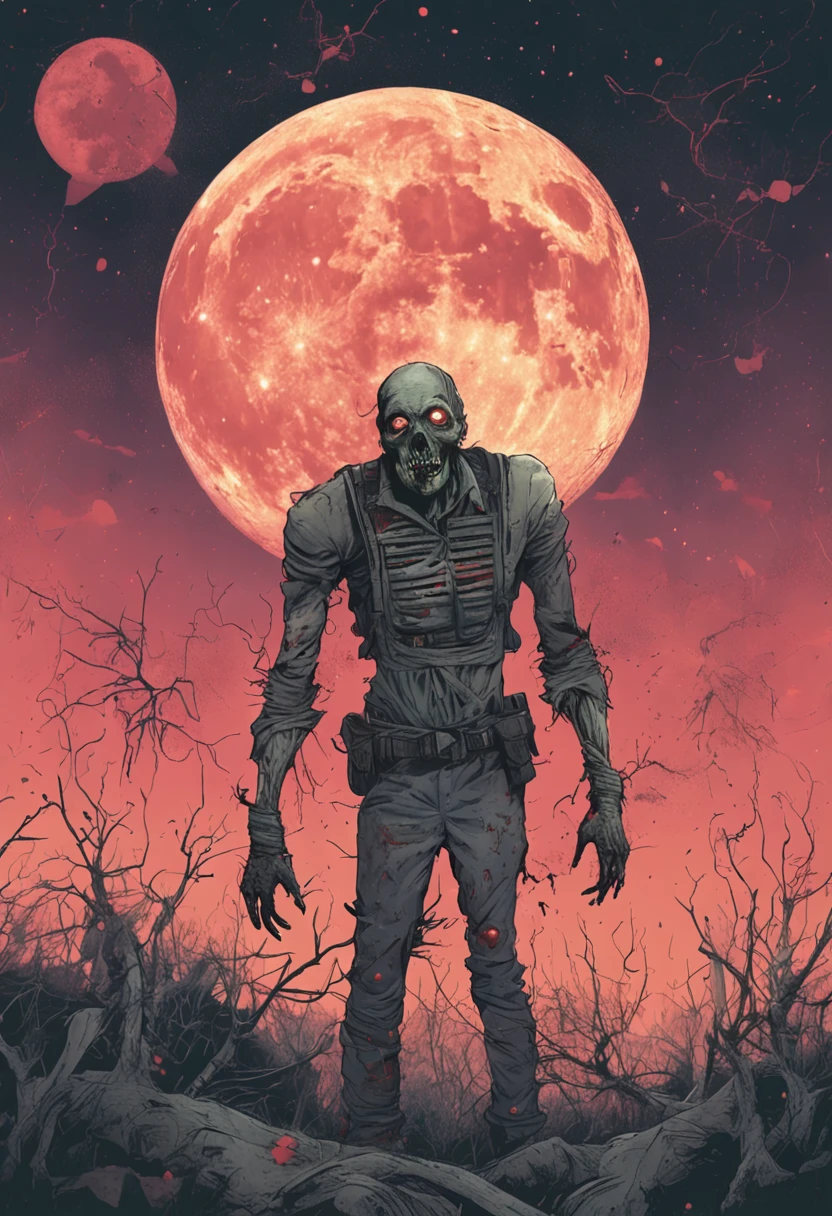 "images of haunting zombies, dressed in tattered clothing, bathed in the ethereal glow of a colossal moon."