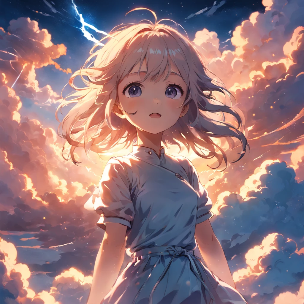 masterpiece, best quality, movie still, 1girl, cloud girl, floating in the sky, close-up, bright, happy, warm soft lighting, sunset, (sparks:0.7)