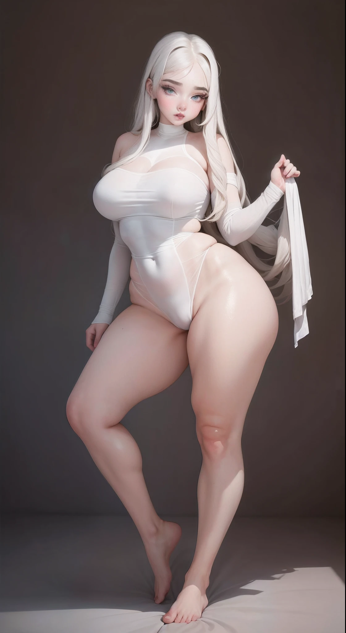 （perfect slim figure:1.2+Beautiful face,Voluptious body:1.3+white skinned,red pupils,）,4K quality,Full body like,Brown skin girl standing pose,The barefoot,White color hair, (nabel:1.1)、(fatness:0.8), （比基尼:1.1）