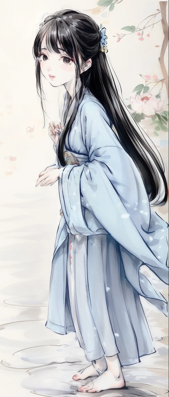 ((4k,masterpiece,best quality)), shuimobysim, Traditional chinese painting, lotuses, Hanfu, maxiskit, Dress conservatively 1girl, solo, blue long hair, ssmile, standing on your feet, Feet in the water, The barefoot,noelle(genshin impact)
