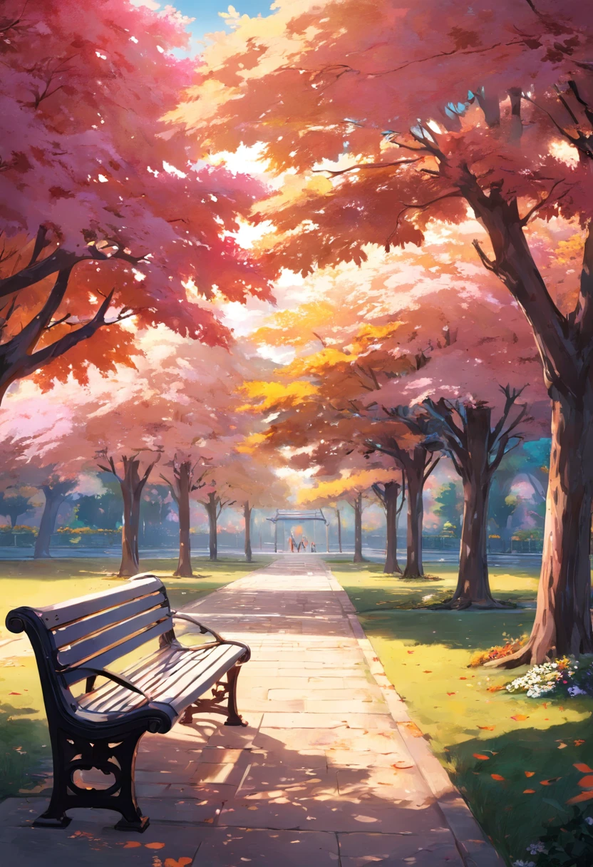 park bench, center, no people, quiet, beautiful park
