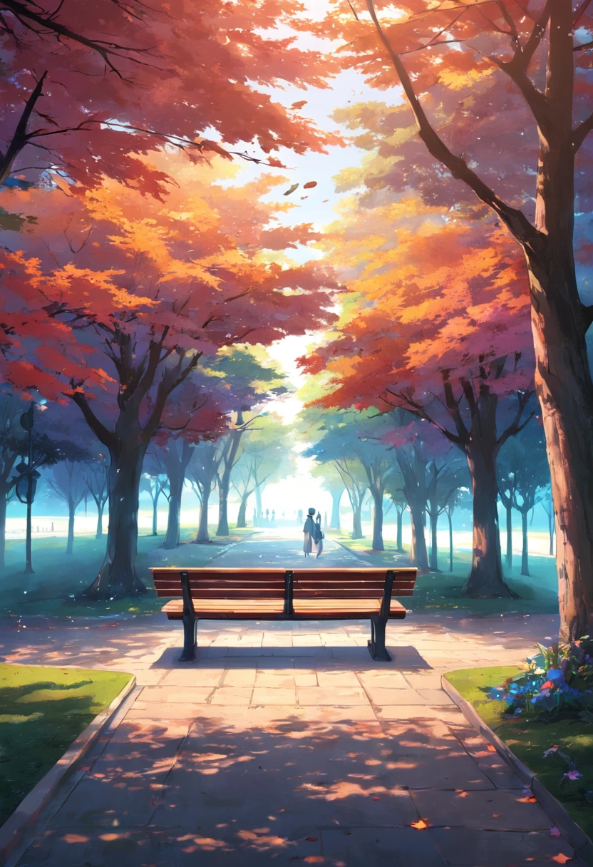 park bench, center, no people, quiet, beautiful park