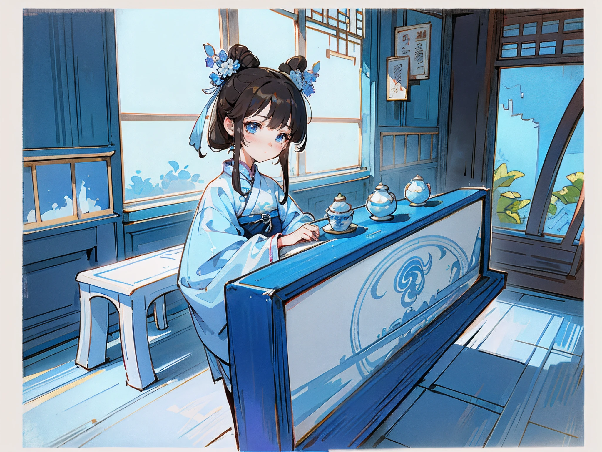 Masterpiece, Blue and white porcelain style,hanfugirl,ancient china art style,chinaware,Blue and white porcelain color,Blue and white patterned clothes,Blue and white porcelain style clothes,Best quality, inside in room,Wooden seats,Wooden coffee table,Ancient Chinese Chamber, Gorgeous clothes,Shy,good eyes,beautidful eyes,lamplight,Quaint,1 girl, Chinese style, Ancient China, sister, , Brown hair, Princess cut, Coiled hair, calm, intelligence, mid hair, green pupills, hair pin, hydrangea,