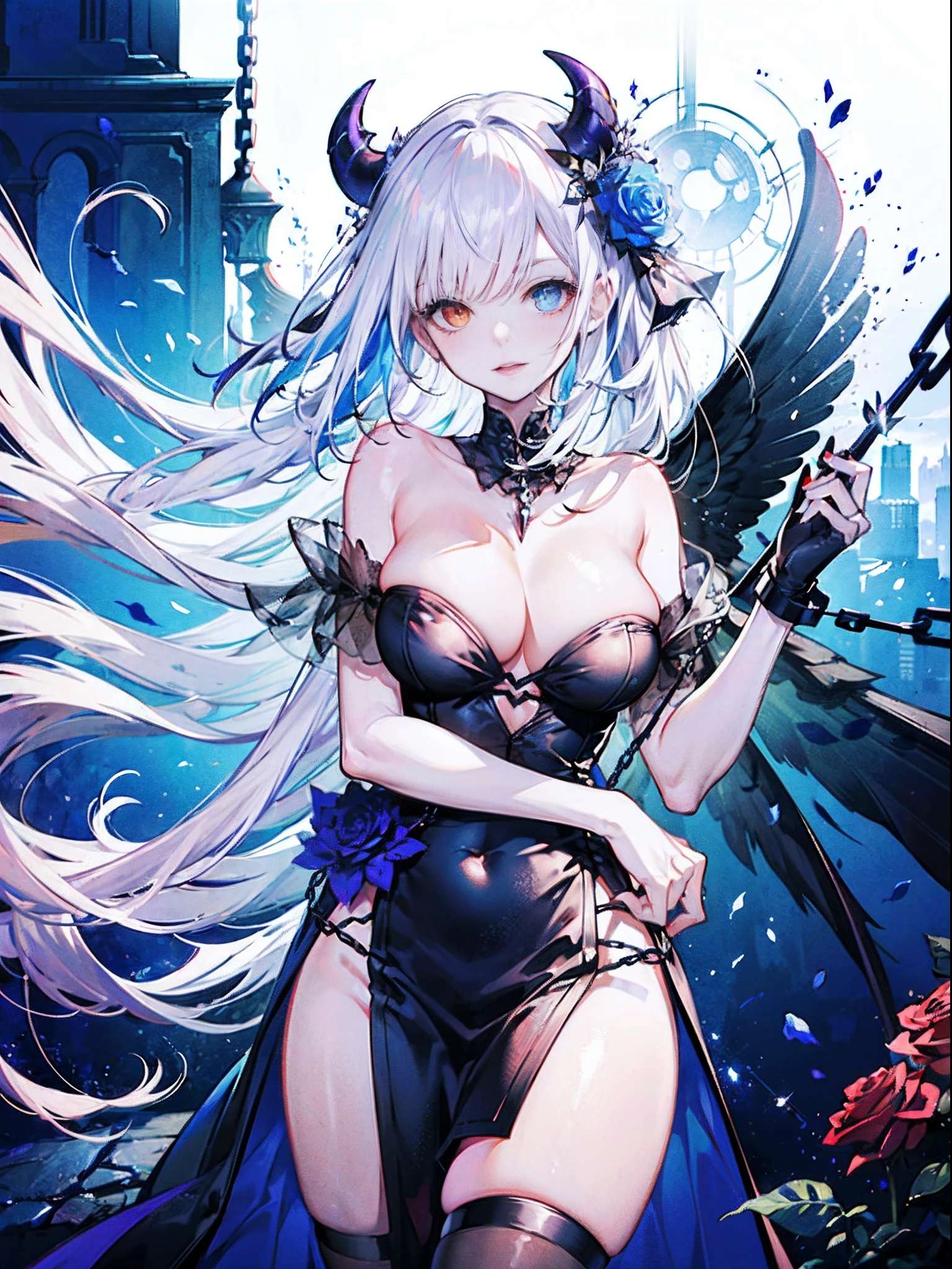 Evil white-haired demon, With chain sickle, Sexy Outfit, Heterochromia eye, Black, Red Moon and Blue Roses, Fantasy background