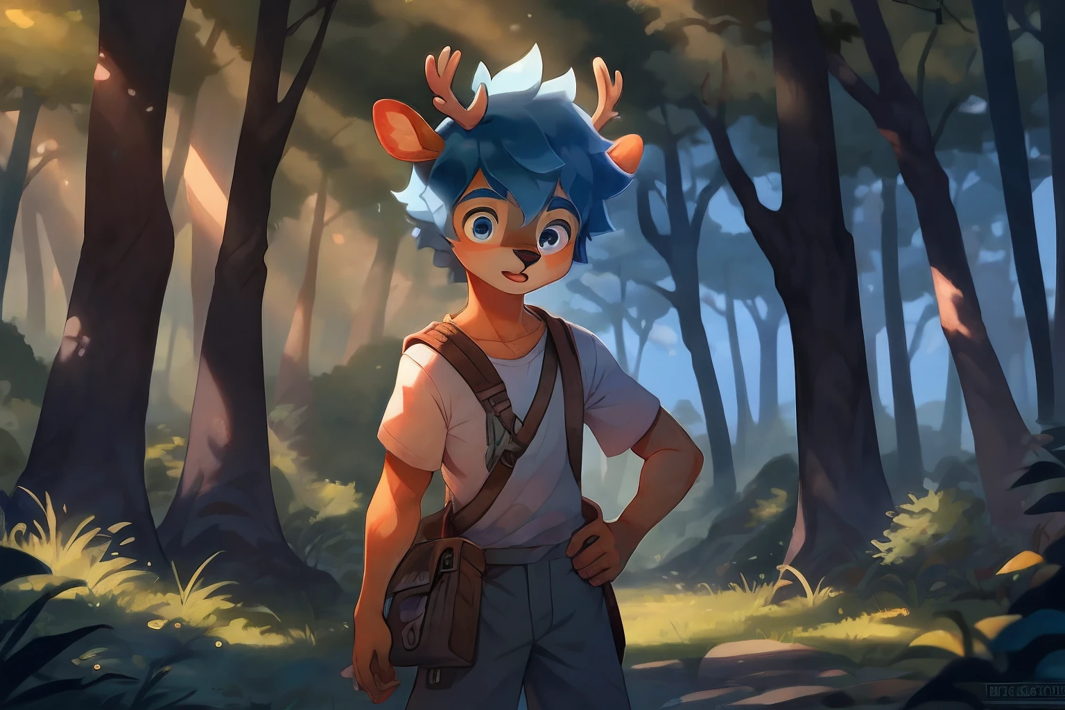 "A young boy, Immerse yourself in nature, Sit under towering trees, His gaze was fixed on the leaves dancing above。。。。。。. Deep in thought, He pondered the mysteries of the world."Furry，Blue hair，deer antlers，Deer Boy，satchel