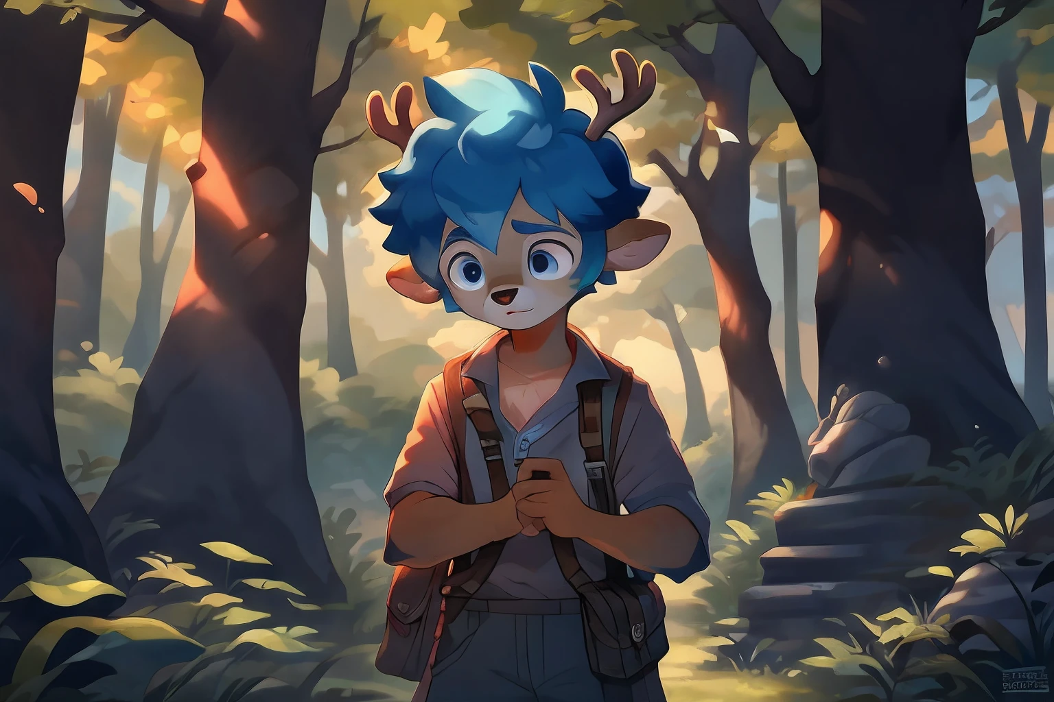 "A young boy, Immerse yourself in nature, Sit under towering trees, His gaze was fixed on the leaves dancing above。。。。。。. Deep in thought, He pondered the mysteries of the world."Furry，Blue hair，deer antlers，Deer Boy，satchel