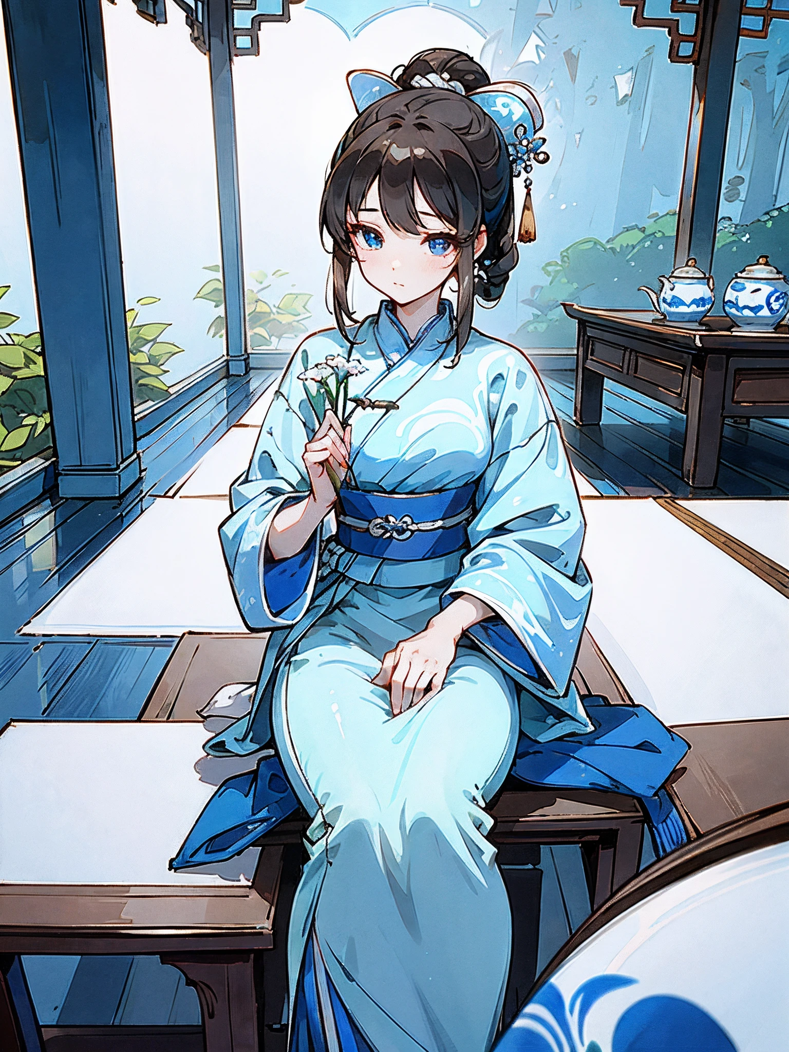 Masterpiece, Blue and white porcelain style，hanfugirl，ancient china art style，chinaware，Blue and white porcelain color，Blue and white patterned clothes，Blue and white porcelain style clothes，Best quality, inside in room，Wooden seats，Wooden coffee table，Ancient Chinese Chamber, Gorgeous clothes，Shy，good eyes，beautidful eyes，lamplight，Quaint，1 girl, Chinese style, Ancient China, sister, , Brown hair, Princess cut, Coiled hair, calm, intelligence, mid hair, green pupills, hair pin, hydrangea,
