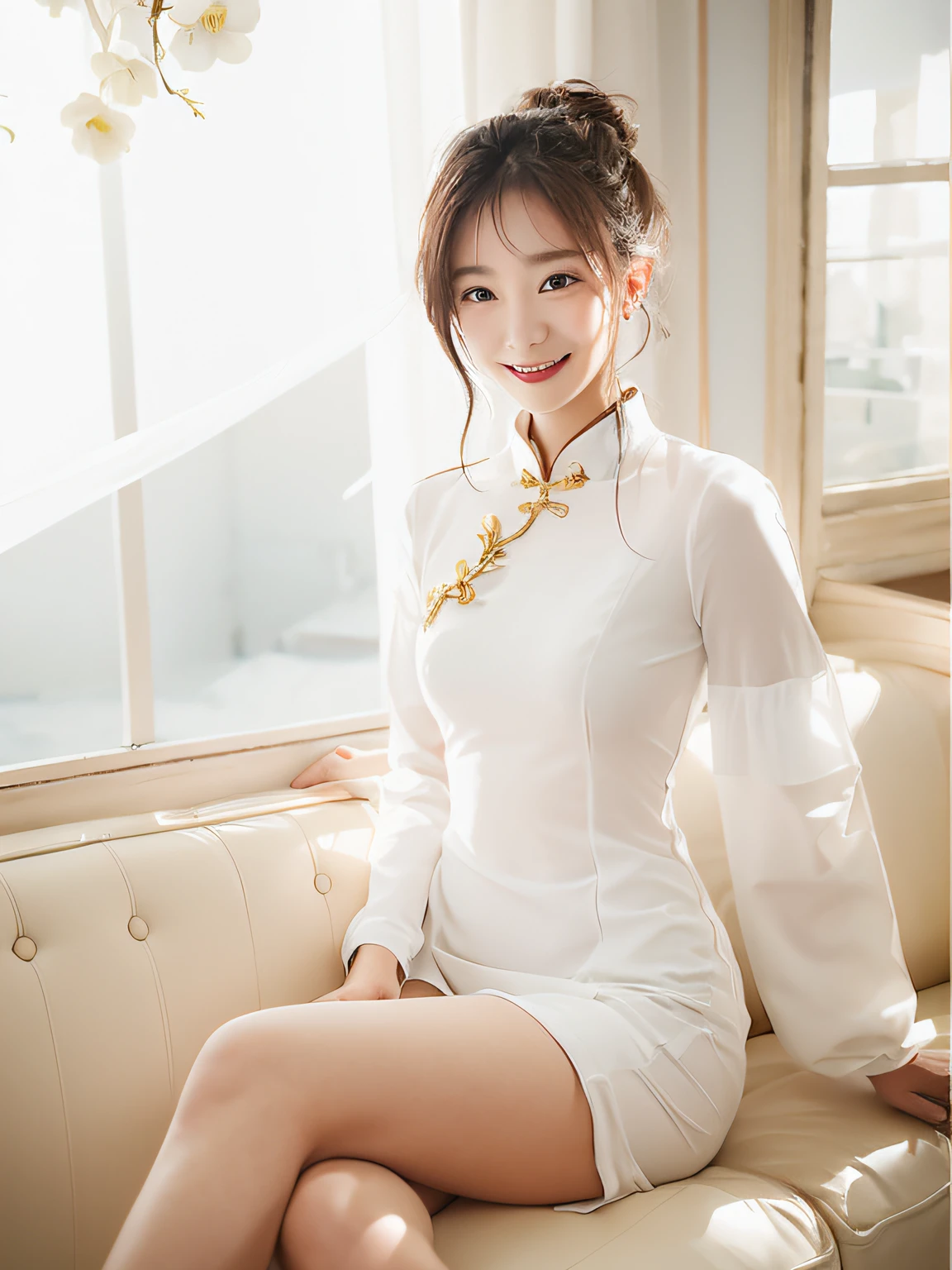 Smiling woman sitting on sofa in white dress