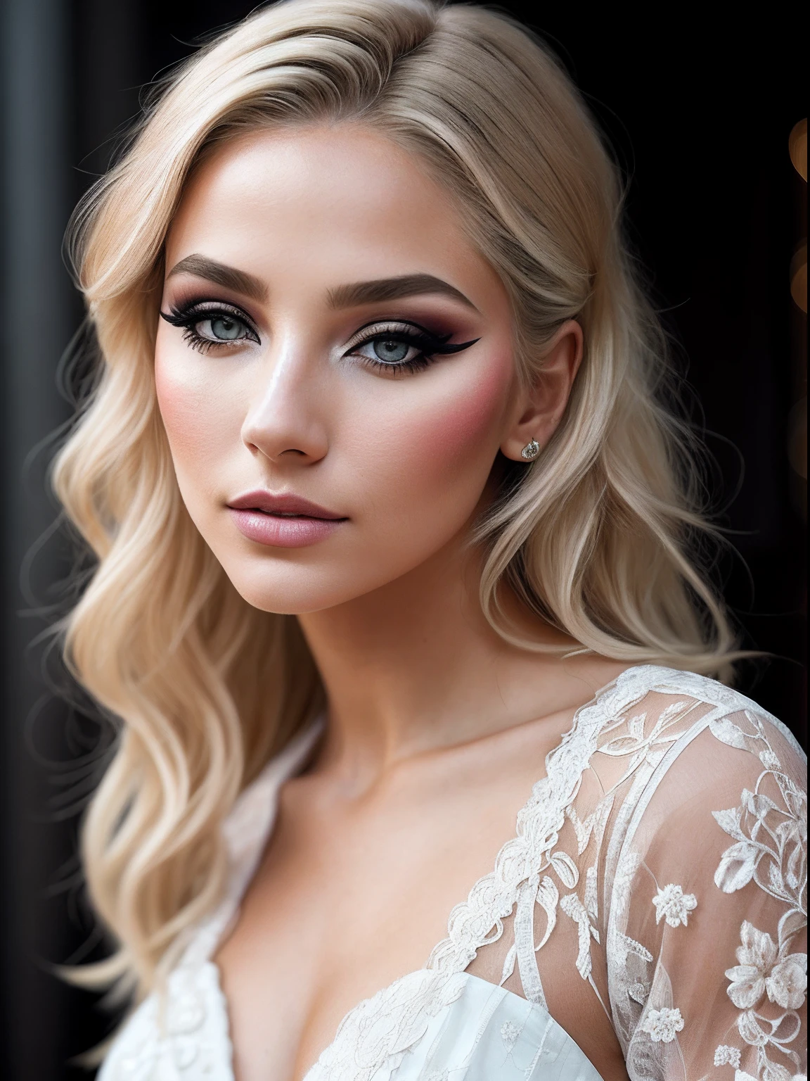 A portrait of a blonde, (makeup:1.4), amazing body, (fit body:1.2), lace outfit, highly detailed fur, natural skin texture, 4k textures, detailed belly, Highly detailed perfect smooth skin, Lightroom, Intricate, Ultra-Realistic, Out There, (HDR:1.3), UHD, (Intricate Detail, Hyper-Detailed:1.1), Cinematic, Photoreal, (Dark Shot:1.2), Dramatic, High Contrast, (Warm Color:1.1) , muted colors, master piece, elegant, sharp focus, white coat