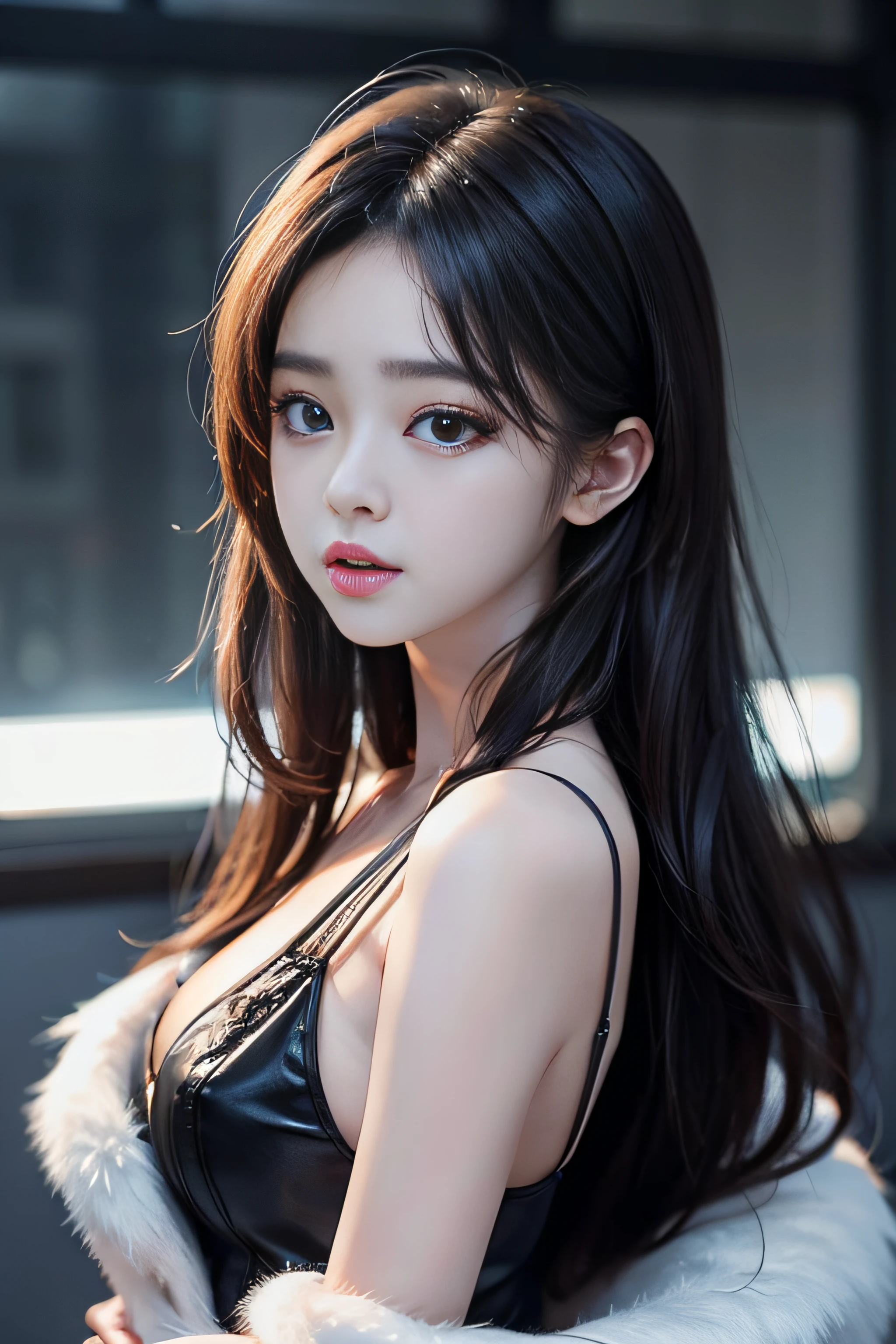 a picture、The upper part of the body、Female, 20 years old、The long-haired、dark themed、Subdued Color、highcontrast、(natural skin textures、Hyper-Realism、sharp:1.2)、(simple background)、hyper realisitic、analogue、Beautiful cleavage