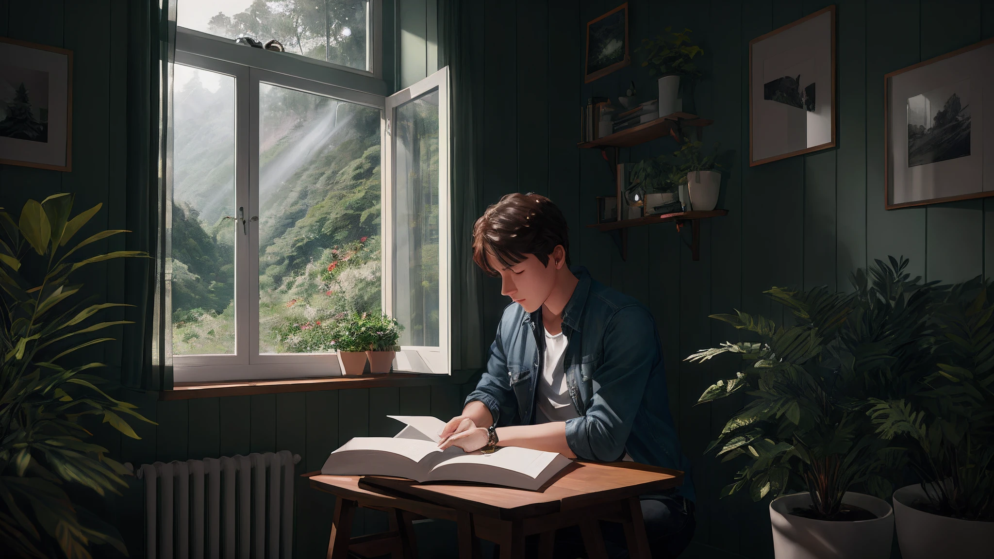a young guy reading a novel near a orange dim dawn light coming from a window, in a small wood cottage, on a hill, it's raining heavily outside, and green vegetation, small shrubs to tall trees all around, masterpiece, best quality, high quality, extremely detailed CG unity 8k wallpaper, oil paiting, award winning photography, Bokeh, Depth of Field, HDR, bloom, Chromatic Aberration ,Photorealistic,extremely detailed, trending on artstation, trending on CGsociety, Intricate, High Detail, dramatic, art by midjourney, volumetric lighting.
Image Size : 960x536