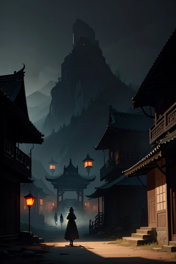 ghost shadows, 1920s, an ancient village in the Black Dragon Mountains, China, horror, dark, scary, ghost, in the style of Makoto Shinkai, --ar 2:1, rough painting