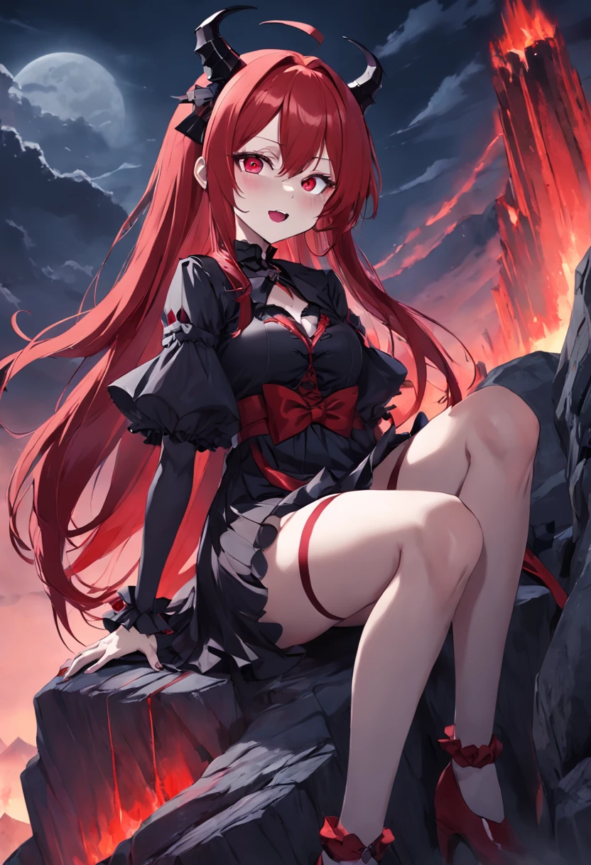 Anime girl with red hair and black stockings sitting on top of a mountain, nightcore, demon anime girl, Vampires, gothic maiden anime girl,Huge full moon in blood red,Magical fantasy,Wicked laugh
