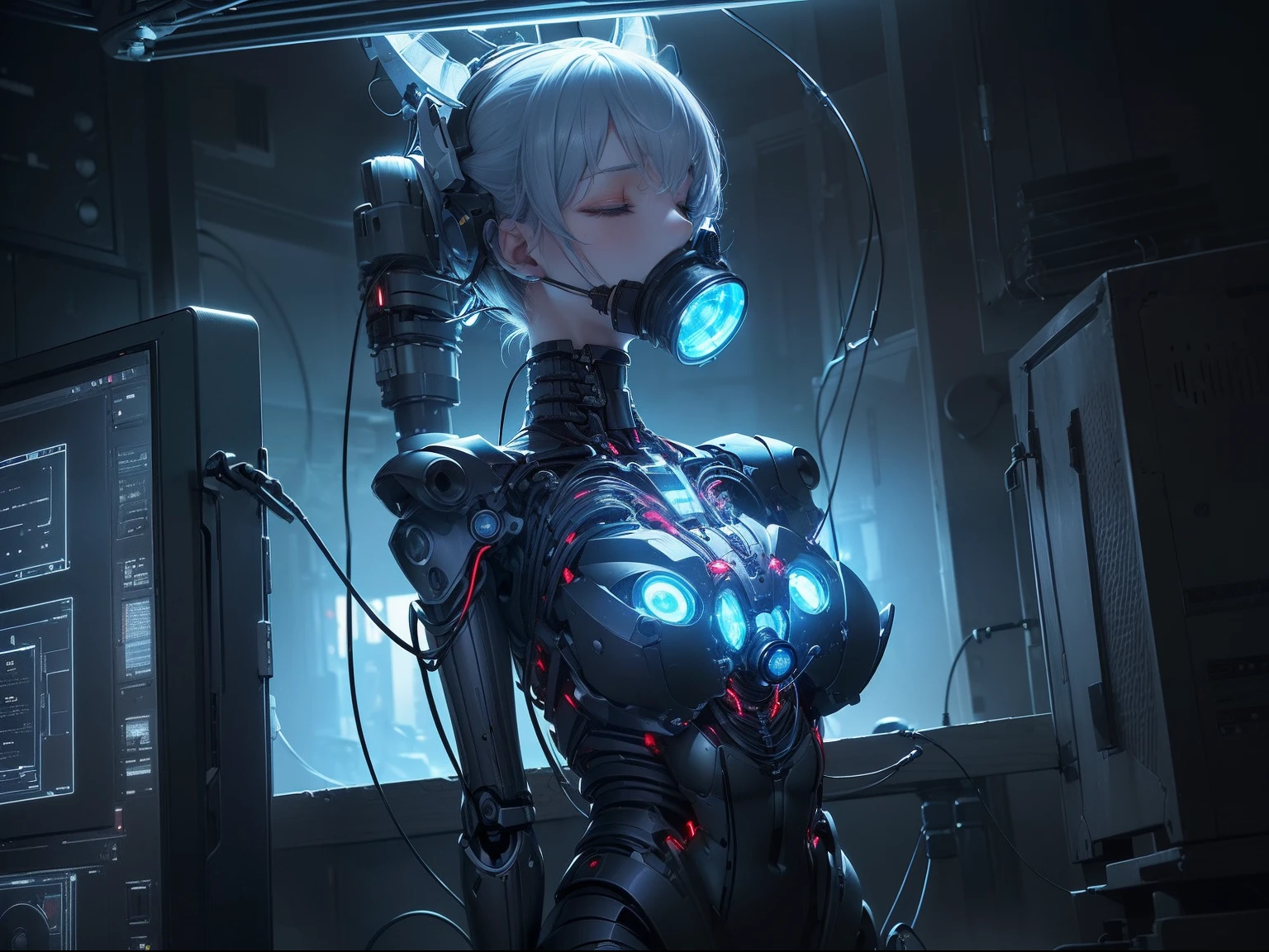 1girl,cyberpunk,neon light,chemical fuel,chemical liquid,laboratory,cyborg,white hair,kneeling on liquid,cable,electric wire,electric current,electric arc,<lora:neonlight_V1_loha_upload:0.5>,neonlight\(ttp\),