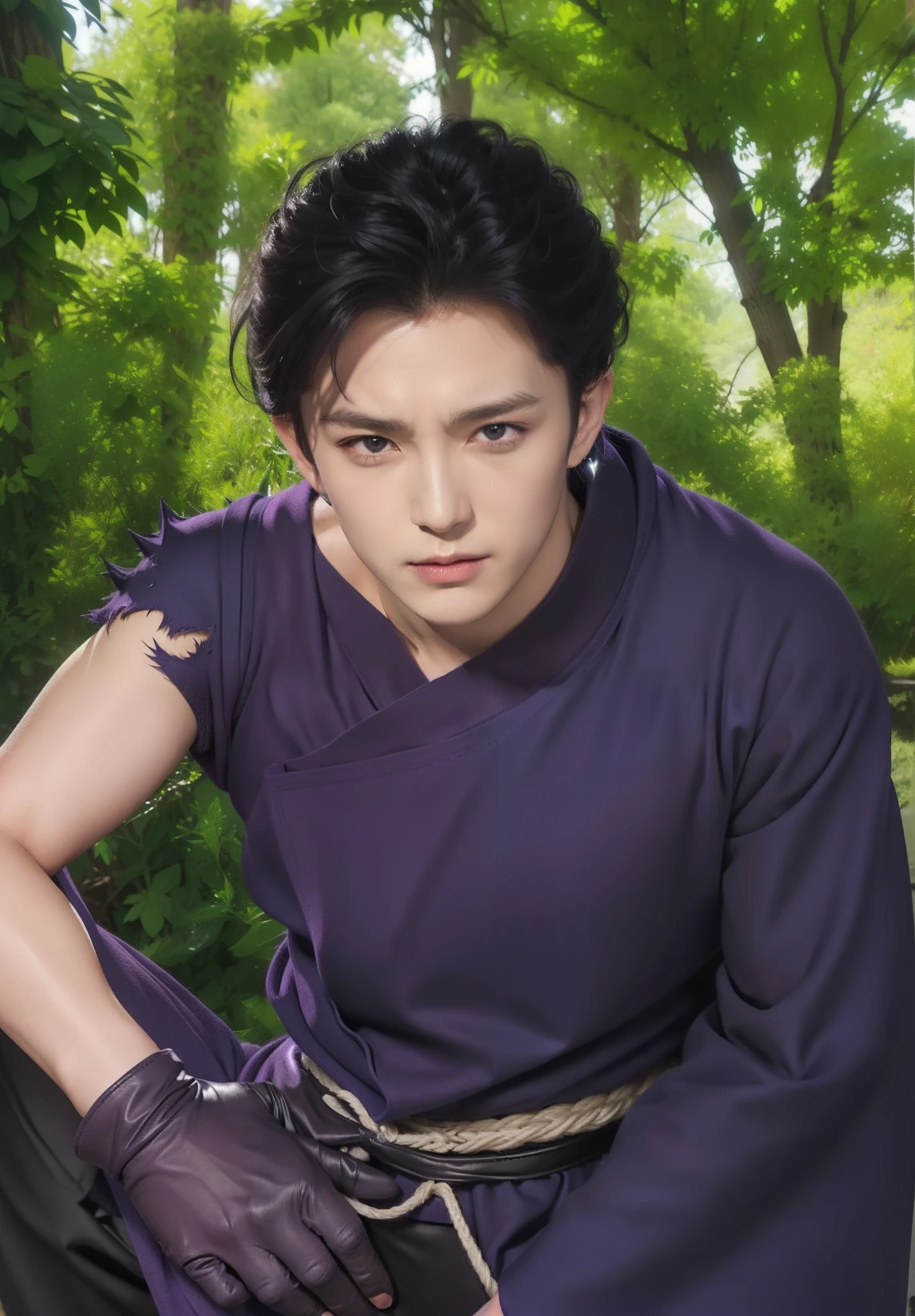 Real life adaption of this character,(realistic short spike hairstyle ),((realistic outfit long-sleeved robe is purple and one of the sleeves is torn at the shoulder)),(wear realistic thick glove black color),black pants,white rope in waist,handsome Korean face,realistic light,wear realistic shadow,(photorealistic1.2),realism