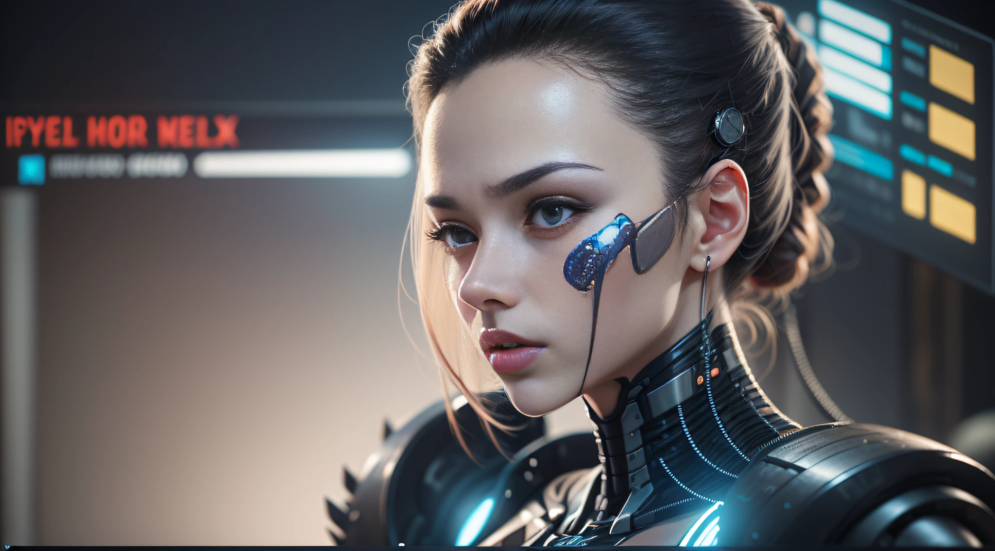 character sheets, Super detailed complex 3d rendering of beautiful porcelain silhouette japanese woman android face, Cyborg, cyborg robot parts, beautiful soft studio light, rim-light, vibrant detail, Luxurious cyberpunk, Lace, Hyperrealistic, anatomically, face muscles, electric cables, micro Chip, elegant, Beautiful background, Octane rendering, h.r. Giger style, Watch the Netflix screen