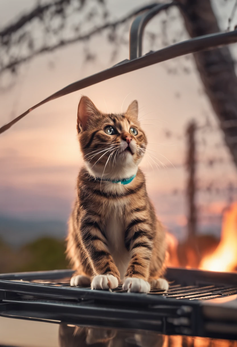 A cute cat jumps in midair,Paw stretched out towards the grill skewer diagonally ahead
