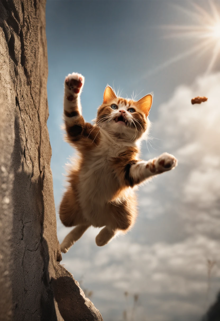 A cute cat jumps in midair，Paw stretched out towards the grill skewer diagonally ahead