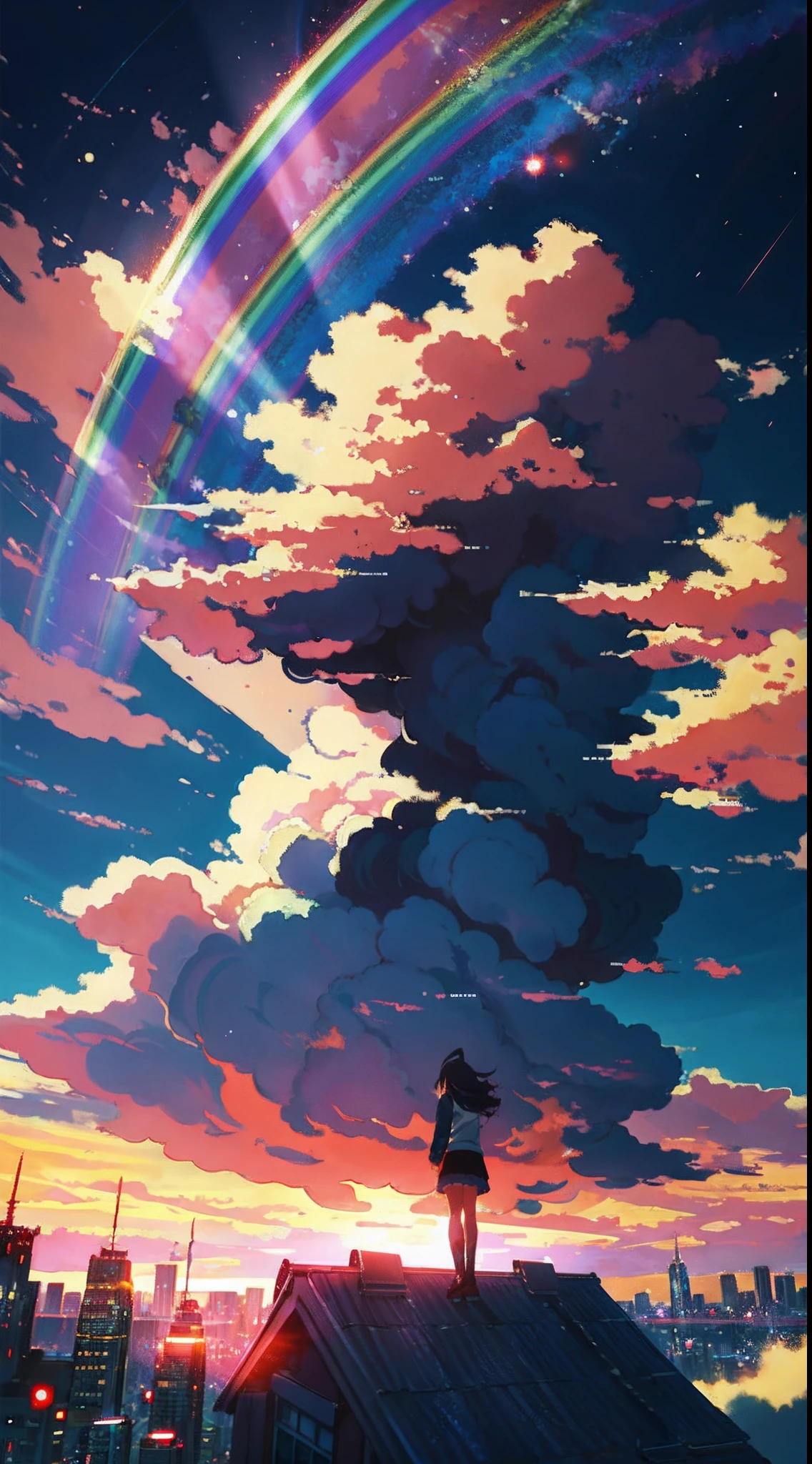 Anime girl standing in big city looking at rainbow sky,Near Future City、 makoto shinkai cyril rolando, anime art wallpaper 4k, anime art wallpaper 4k, Anime art wallpaper 8k, inspired by Cyril Rolando, in the style dan mumford artwork, amazing wallpapers, by Yuumei