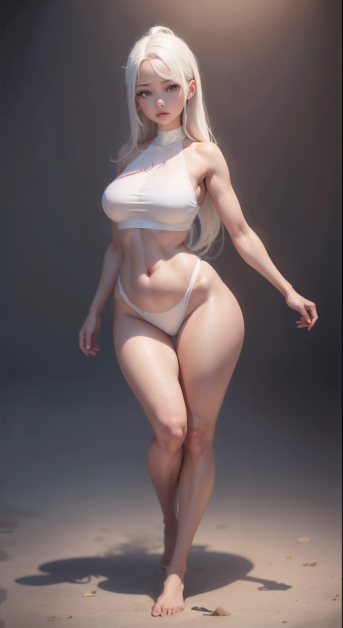 (perfect slim figure:1.2+Beautiful face,Voluptious body:1.3+white skinned,red pupils,),4K quality,Full body like,Brown skin girl standing pose,The barefoot,White color hair, (nabel:1.1)、(fatness:0.8), (比基尼:1.1)