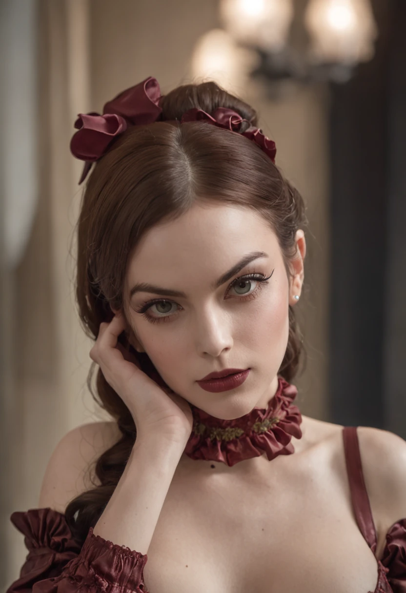 m1ag0th woman, hair bun tied with a bow, wearing a red dress with ruffled collar, close up, sad expression