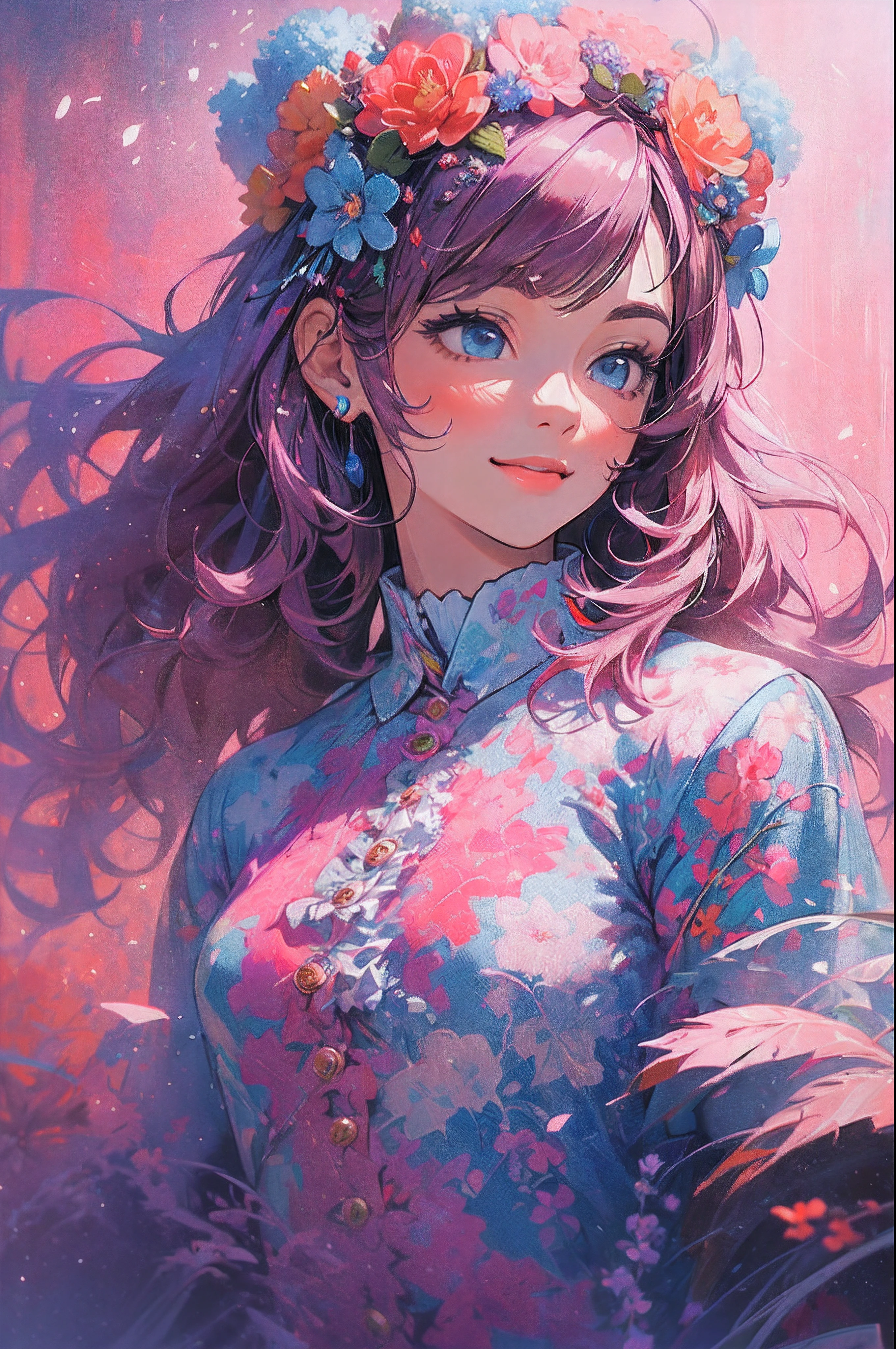 ((Flower dress),((flowercrown)),innocent smiles,(1 girl, Solo:1.6),(Cute smile),(Clothes are simple), (Best Impact:1.5), (maximalism:1.7), Vivid contrast, (Realistic), hyperrealistic illustrations, hight resolution, ultra-detailliert, absurderes,(Fractal Art:1.3)、Random hairstyle、Random hair color colorful、FULL BODYSHOT、Retro、Precise focus、randome pose、cinema4d、Drama
