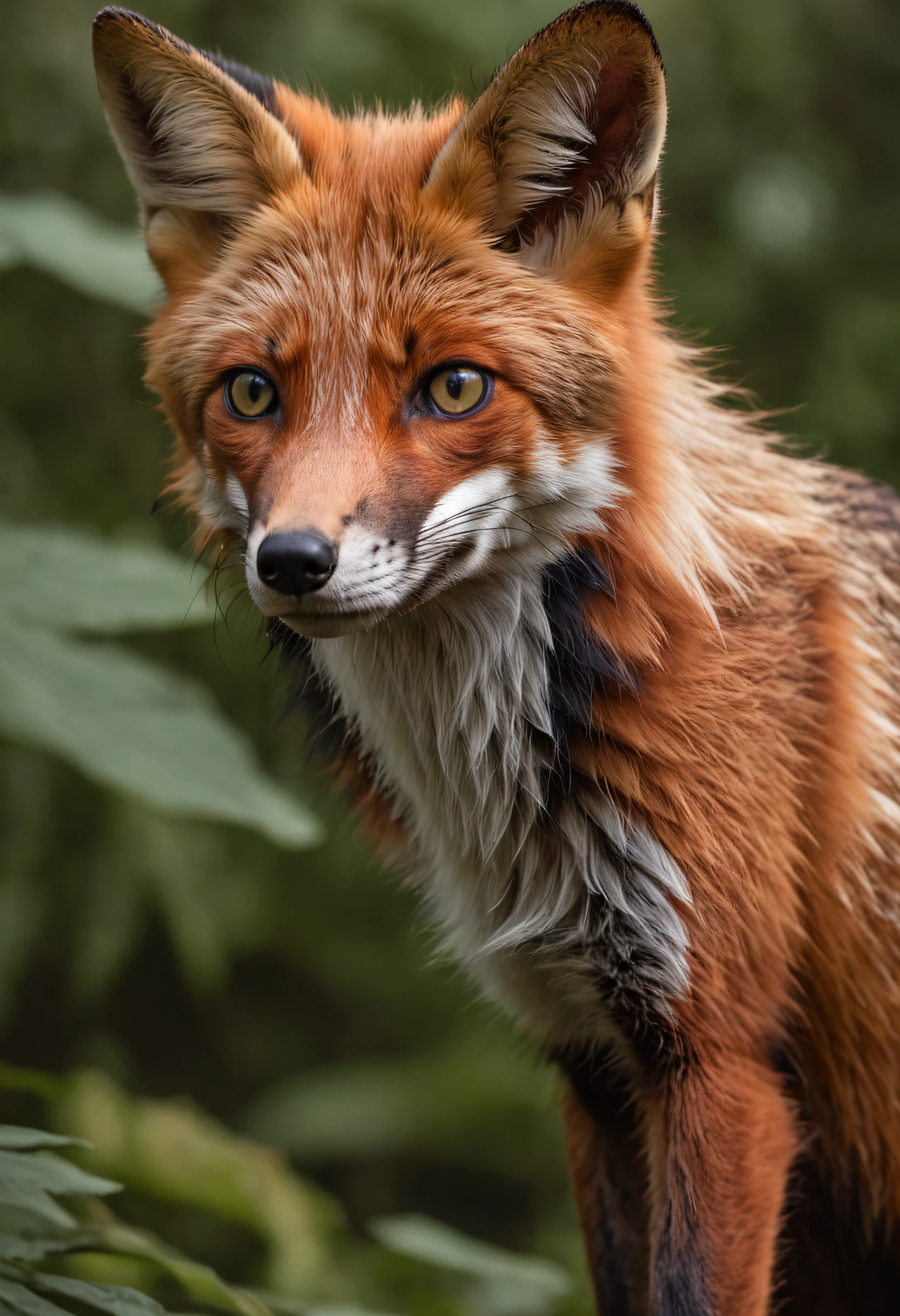 High nation-geographic symmetrical close-up portrait shoot in green jungle of an expressive fox, anamorphic lens, ultra-realistic, hyper-detailed, green-core, jungle-core –ar 16:9 –q 2 –v 5