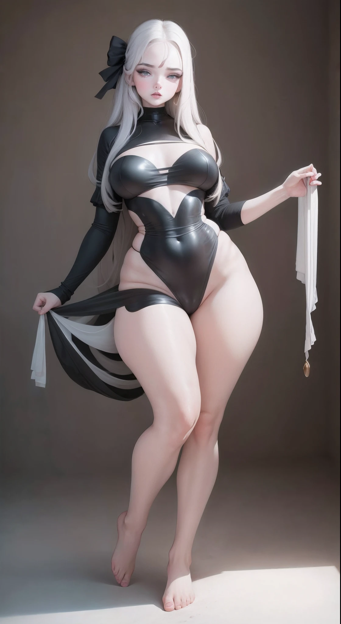 (perfect slim figure:1.2+Beautiful face,Voluptious body:1.3+white skinned,red pupils,),4K quality,Full body like,Brown skin girl standing pose,The barefoot,White color hair, (nabel:1.1)、(fatness:0.8), (比基尼:1.1)