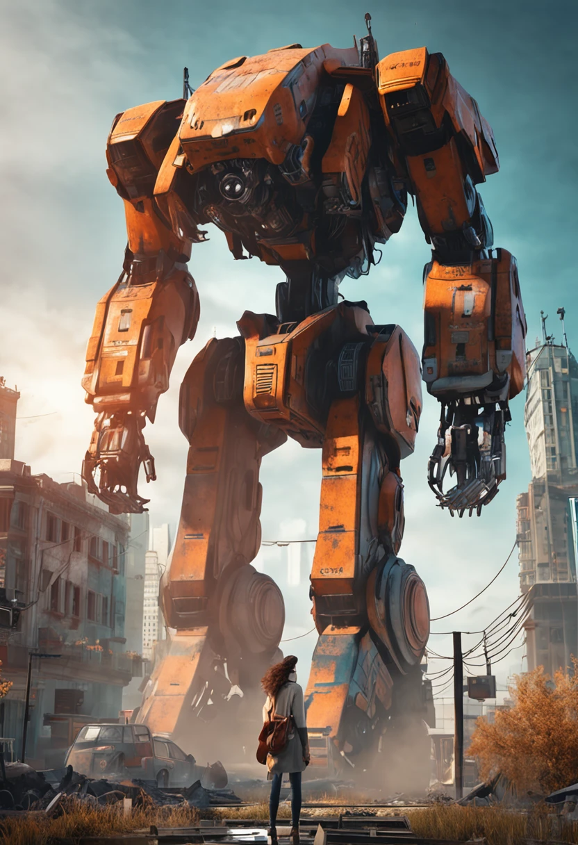 In an empty city,A beautiful woman stands in front of a giant mech