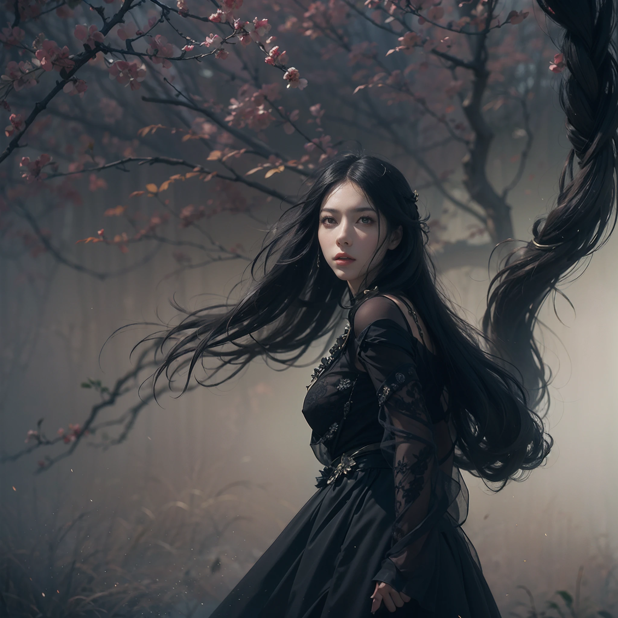 ((Sharp-eyed woman)), ((Works by Agnes Cecil : 1.7)), Black hair, Bokeh, Foggy, (from the rear:1.4), Dutch Angle, afterimage、tailed、Fire Spirits and Rituals、afterimage, (Dynamic movement:1.9), negative space, minimalism, (delicate illustration : 2.0), (tre anatomically correct), masuter piece, awardwinning, Cinematic scene, Long soaring hair, Western witches,Study of antiquity、 Enchanted World、Witch in Dynamic Pose、Old and lonely rococo clothes, 35-year-old witch, Challenging, Portrait of an Eastern European woman, an elegant woman, Traditional beauty, portrait shot, long braided hairstyle, Beautiful pictures, dynamic compositions、 The background is decadent, traditional, Strength and brilliance、solitude、afterimage、light and shadows、Enchanted World、Krenz Cuchart style,