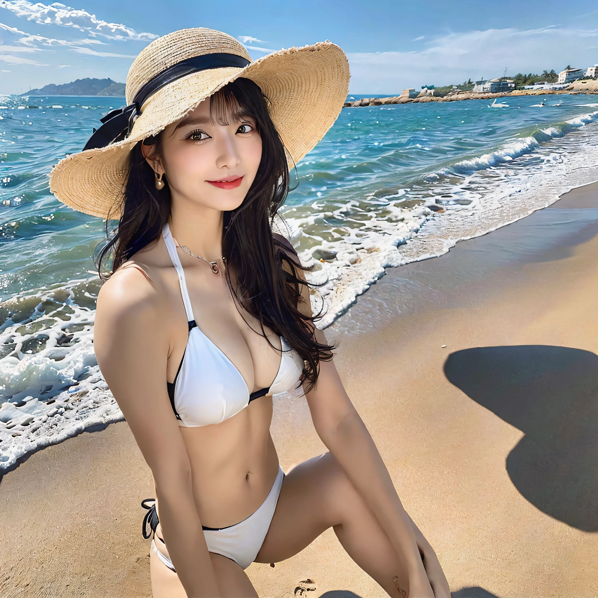 ((top-quality、8K、​masterpiece:1.3)), (Black hair black:1.3), (Long hair:1.3), Large breasts, (a white bikini:1.3), Collar, Bag, a straw fedora hat, sea side, Standing On sand beach