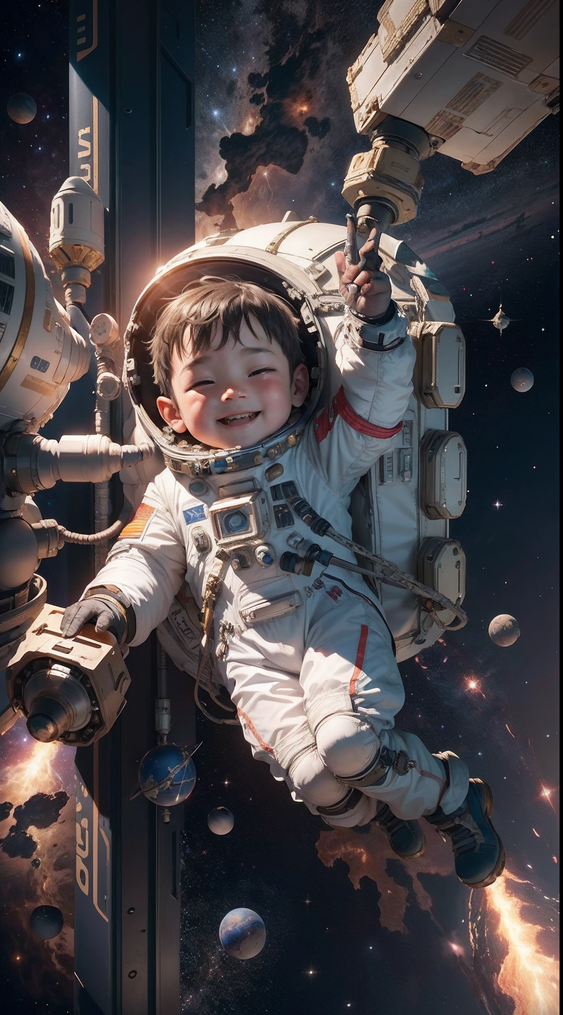 (A space station、kosmos、A 3-year-old boy in a spacesuit,flathead,Slightly fat),vivid and cute,Happy smile