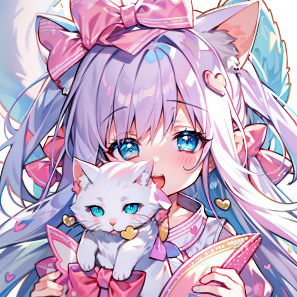 masterpiece,best quality,official art,extremely detailed CG unity 8k wallpaper, huge_filesize, covr, White background, 1girl, solo, loli, head tilt, absurdly long hair, pink and white hair , hair bow, cat hair ornament, light blush, heart in eye, looking at viewer, stare, aqua eyes, light, open mouth, teeth, laugh, low-contrast