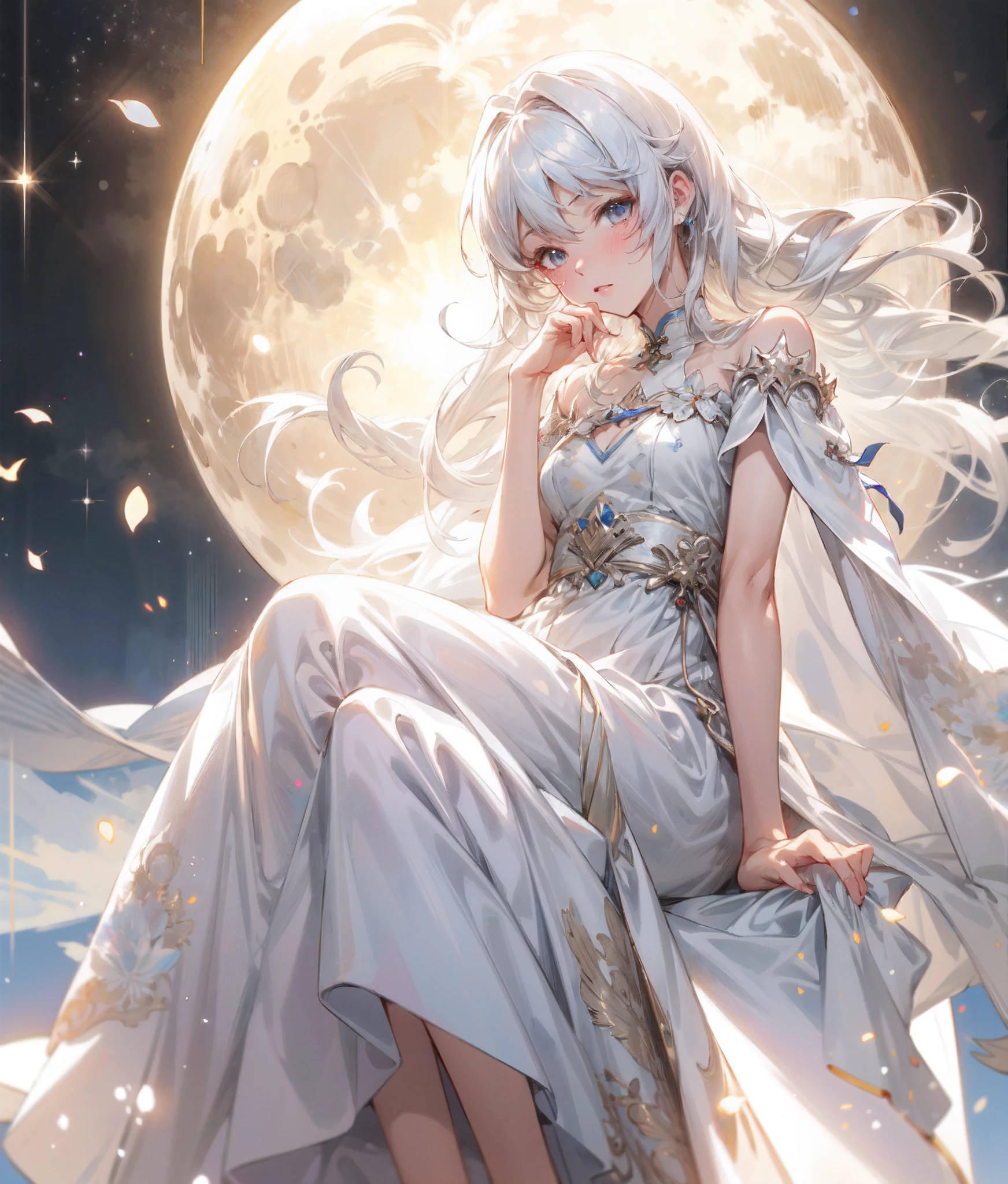 anime girl sitting on a full moon 🌙 with a white dress and a flower, beautiful anime, guweiz on pixiv artstation,starry night background,beautiful fantasy anime, beautiful anime art, digital art on pixiv, beautiful anime artwork, anime fantasy illustration, guweiz, guweiz on artstation pixiv, beautiful anime girl, trending on artstation pixiv, pixiv