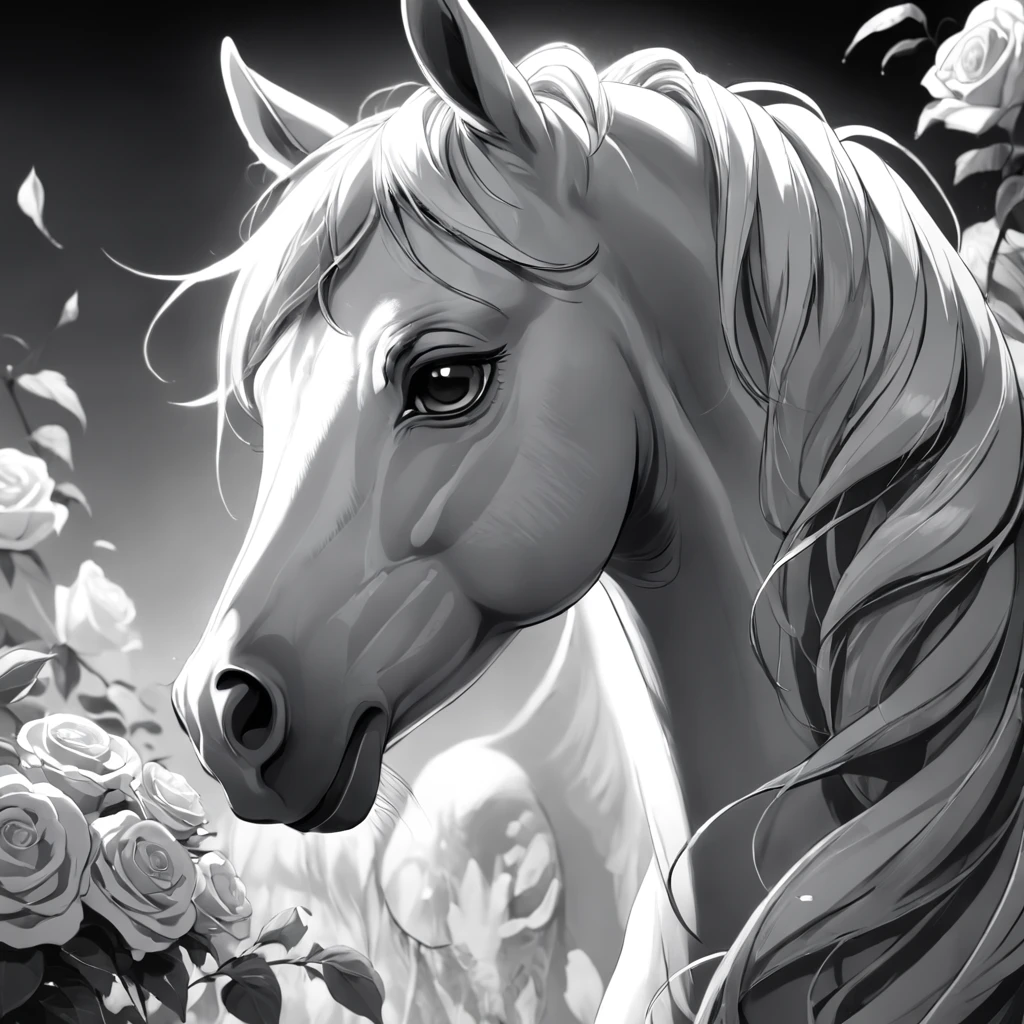 Modern realistic cartoon drawing style grayscale coloring page of a cute horse, surrounded by roses, close up head shot, dynamic pose, grayscale illustration, adult coloring page