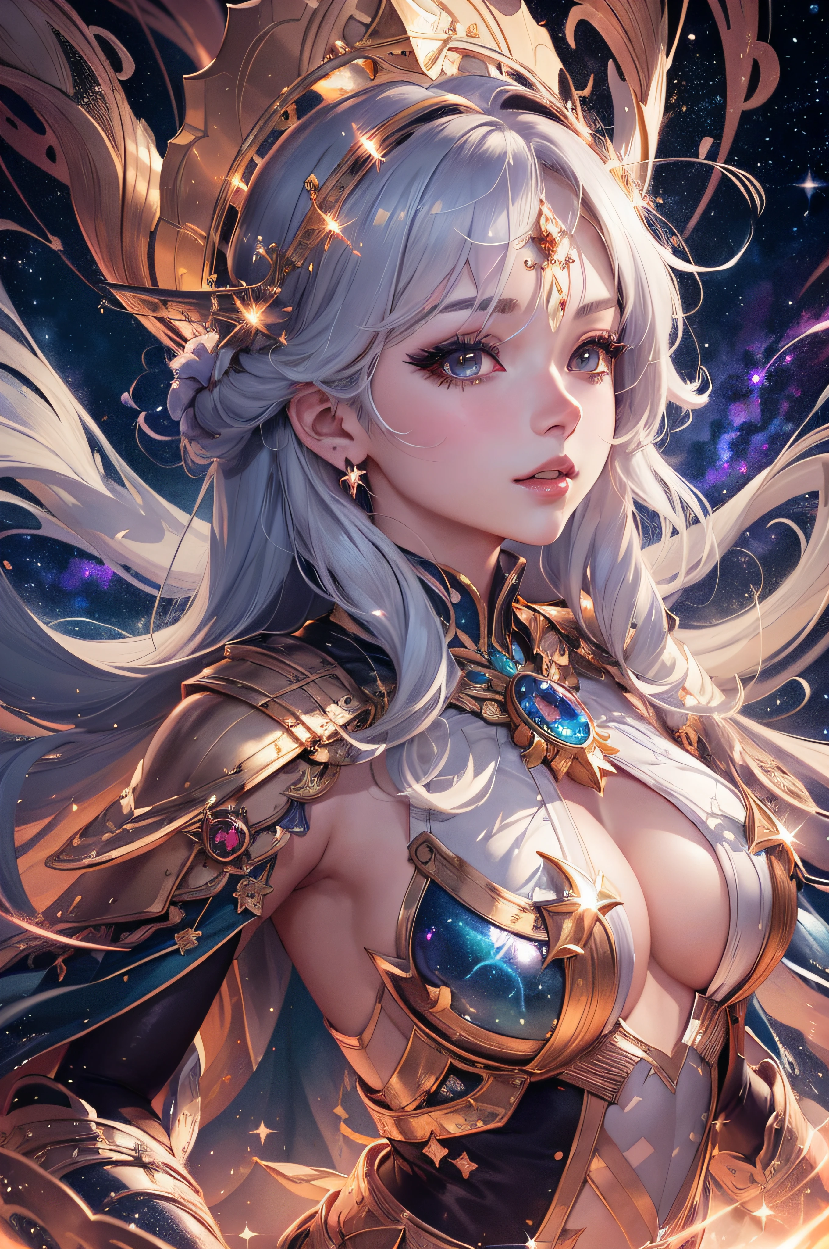 anime girl with long white hair and a crown on her head, portrait knights of zodiac girl, knights of zodiac girl, detailed digital anime art, anime goddess, anime fantasy illustration, goddess of galaxies, extremely detailed artgerm, beautiful celestial mage, anime fantasy artwork, detailed anime art, detailed anime artwork, artgerm on artstation pixiv