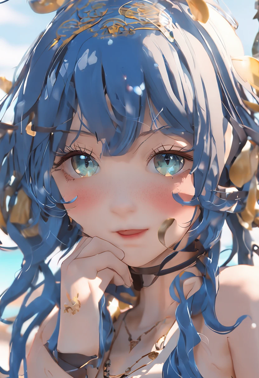 (Unity 16K wallpaper, Masterpiece, Best quality, Ultra-detailed, Extremely detailed CG, Caustics, Cinematic lighting, Detailed, Beautiful detailed eyes, Solo,Pool side),超高分辨率, Fine skin、Sexy,curby,NSFW,(School swim wear:1.3), Small breasts,、Blue eyes、Blue hair,perm, Blush, Angry,Sitting, spread their legs, Pixie cut