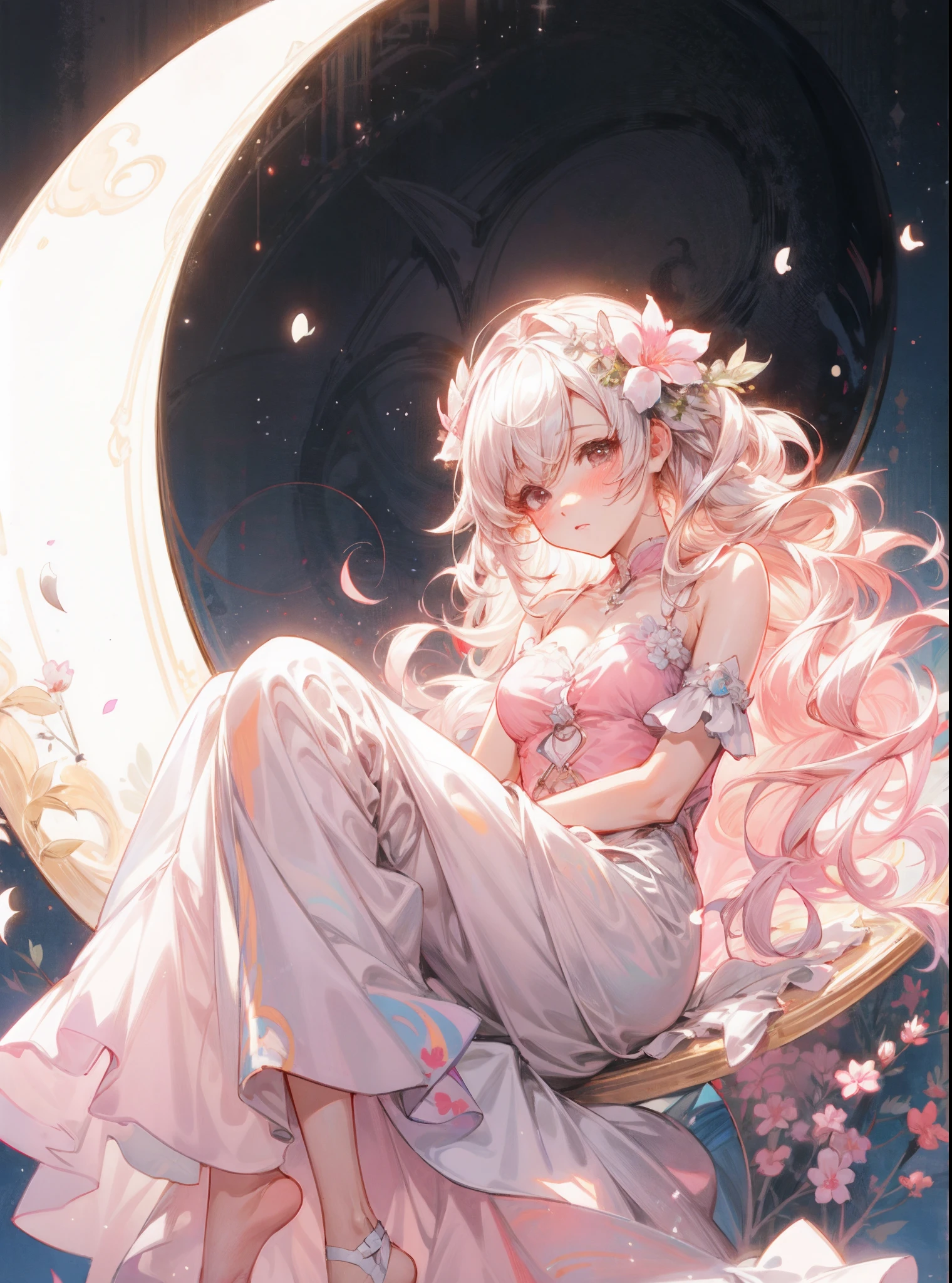 anime girl sitting on a crescent moon 🌙 with a pink dress and a flower, beautiful anime, guweiz on pixiv artstation, beautiful fantasy anime, beautiful anime art, digital art on pixiv, beautiful anime artwork, anime fantasy illustration, guweiz, guweiz on artstation pixiv, beautiful anime girl, trending on artstation pixiv, pixiv