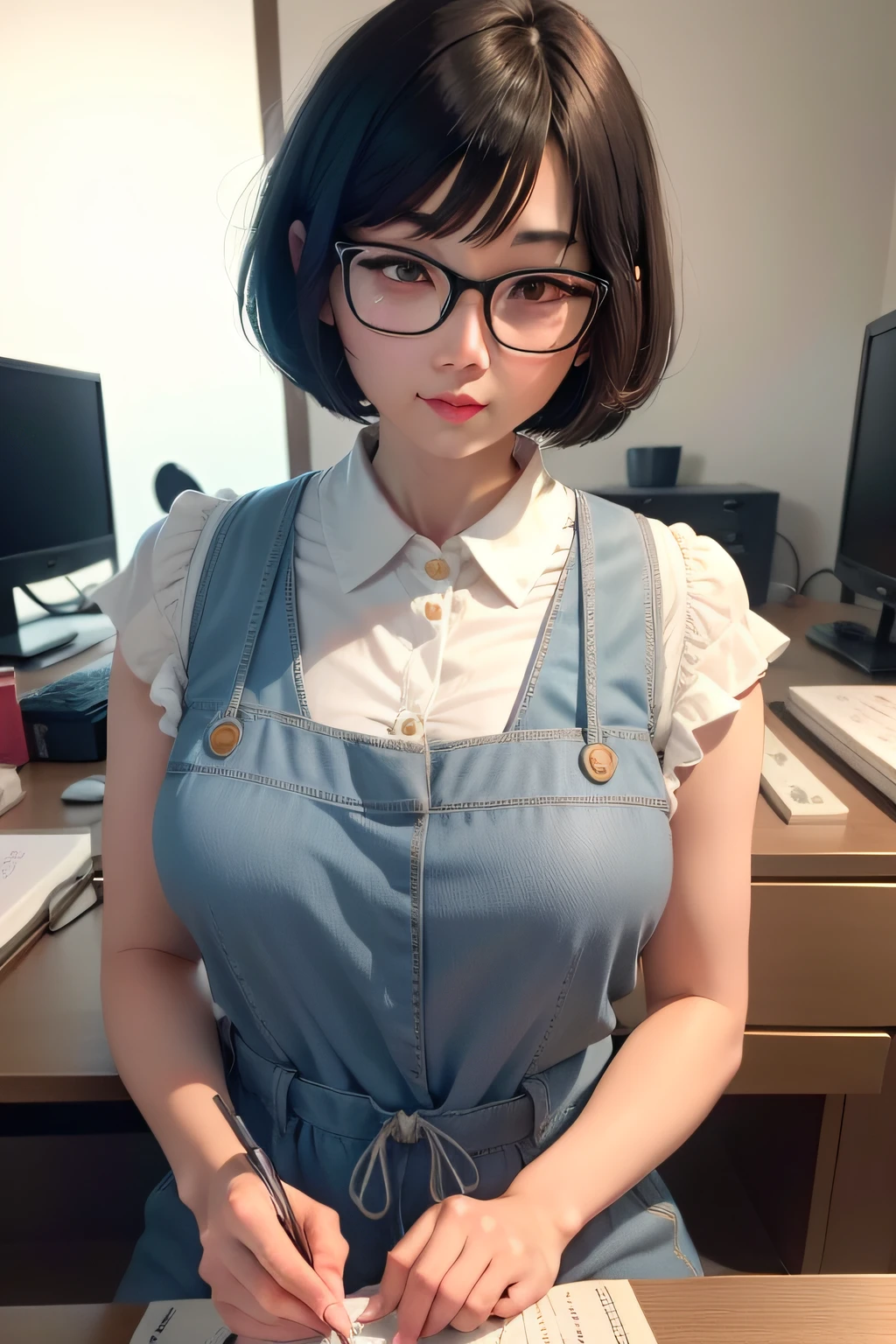"Cute Japan woman with a short cut bob hair with glasses,wearing a denin overall, working in a furniture fabric "、Photorealsitic、Beautiful detailed eyes、Hyper-Realism、highcontrast、Ultra HD、realistic skin textures、Top image quality、top-quality、超A high resolution、Fine details、Very meticulously