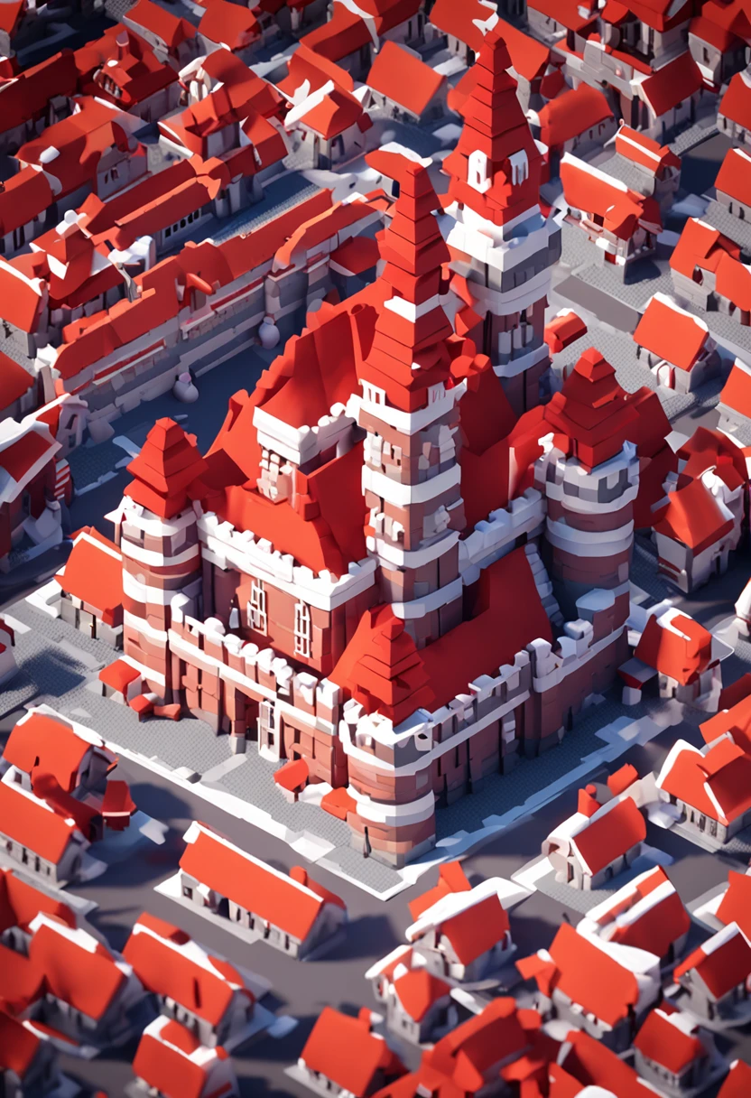 nevando,Castle,borgar,Red roof,snow cover,Voxel art: High quality voxel art