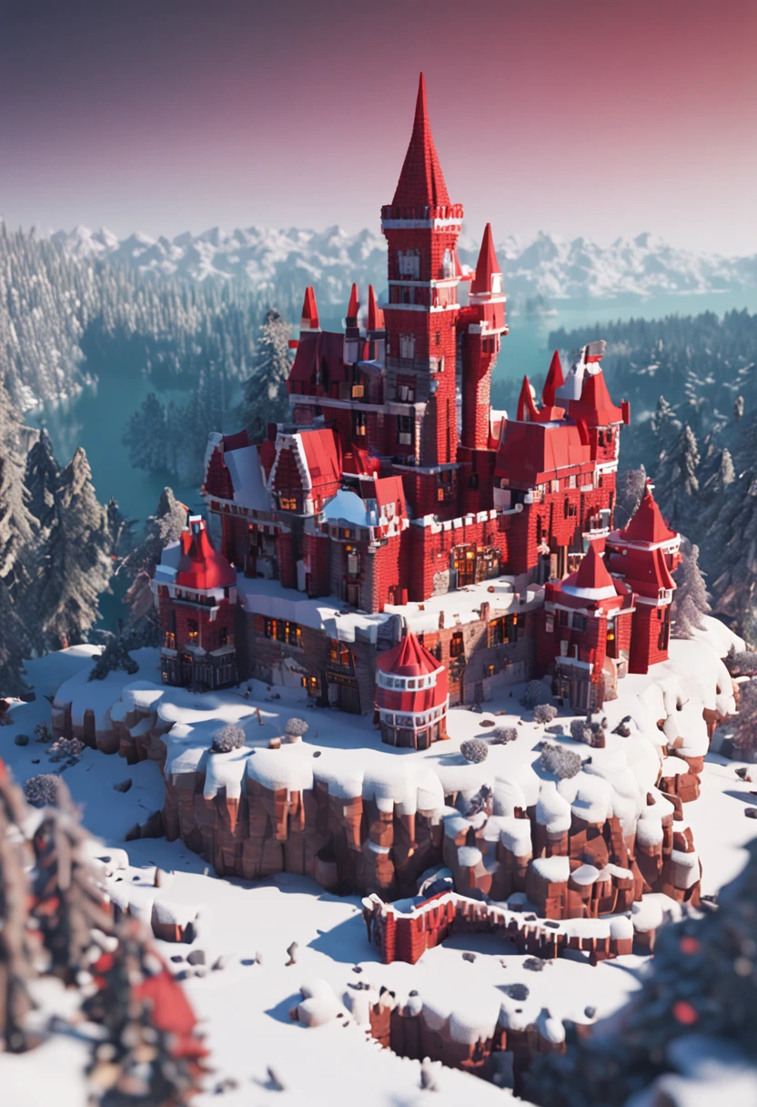 nevando，Castle，borgar，Red roof，snow cover，Voxel art: High quality voxel art