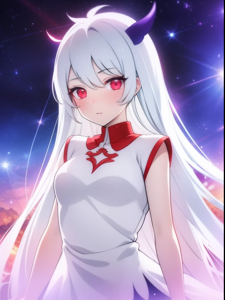 tmasterpiece，highest  quality，1girll，red color eyes，White color hair，banya，coda，Gaze at the stars，Cinematic lighting effects，Particle light effects