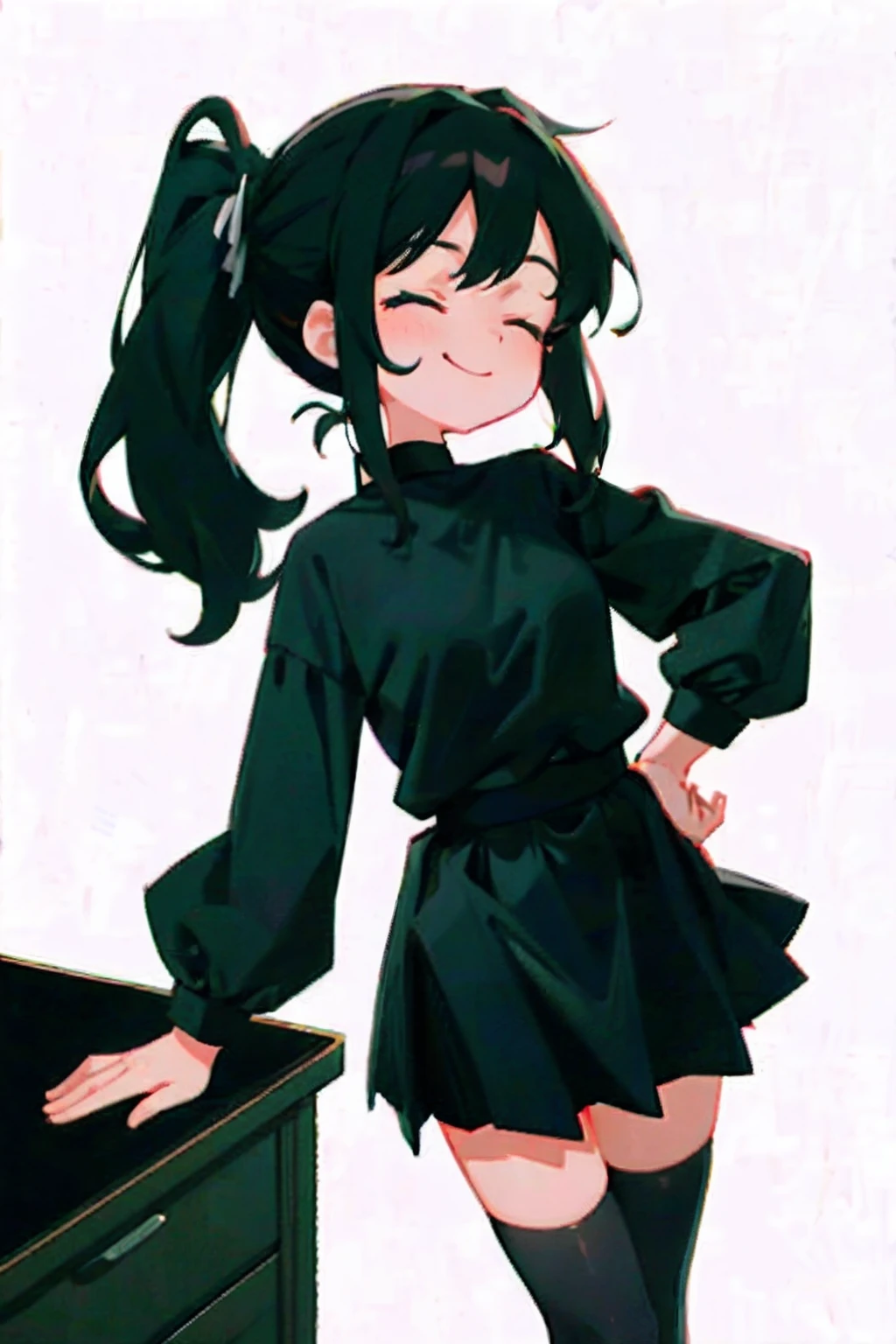 1woman, adult, dark hair, ponytail, choker, half-closed eyes, sly smile, black shirt, black mini skirt, black stockings, dresser: 1.2, long sleeves, medium breasts, straightened black shirt
